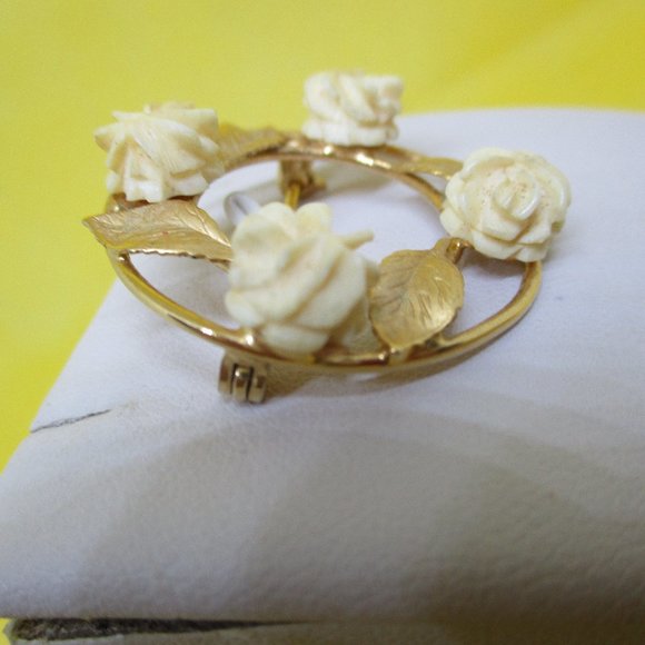 C. R. Co. Charles Reis 12K GF Carved Bone Rose Brooch - Picture 2 of 7